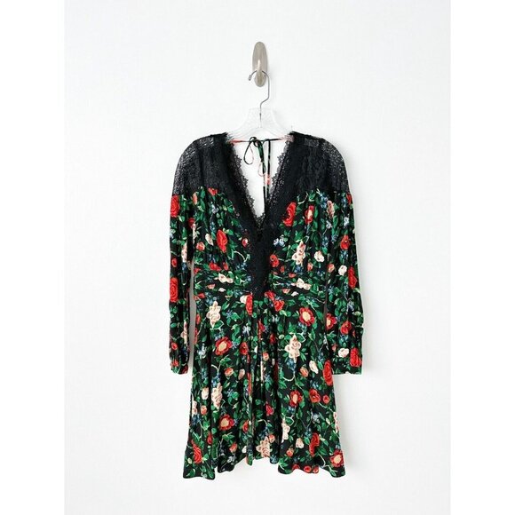 NWT Anthropologie Lacy V-Neck Mini Dress 8 Black Floral Long Sleeve Fit & Flare - Picture 6 of 12